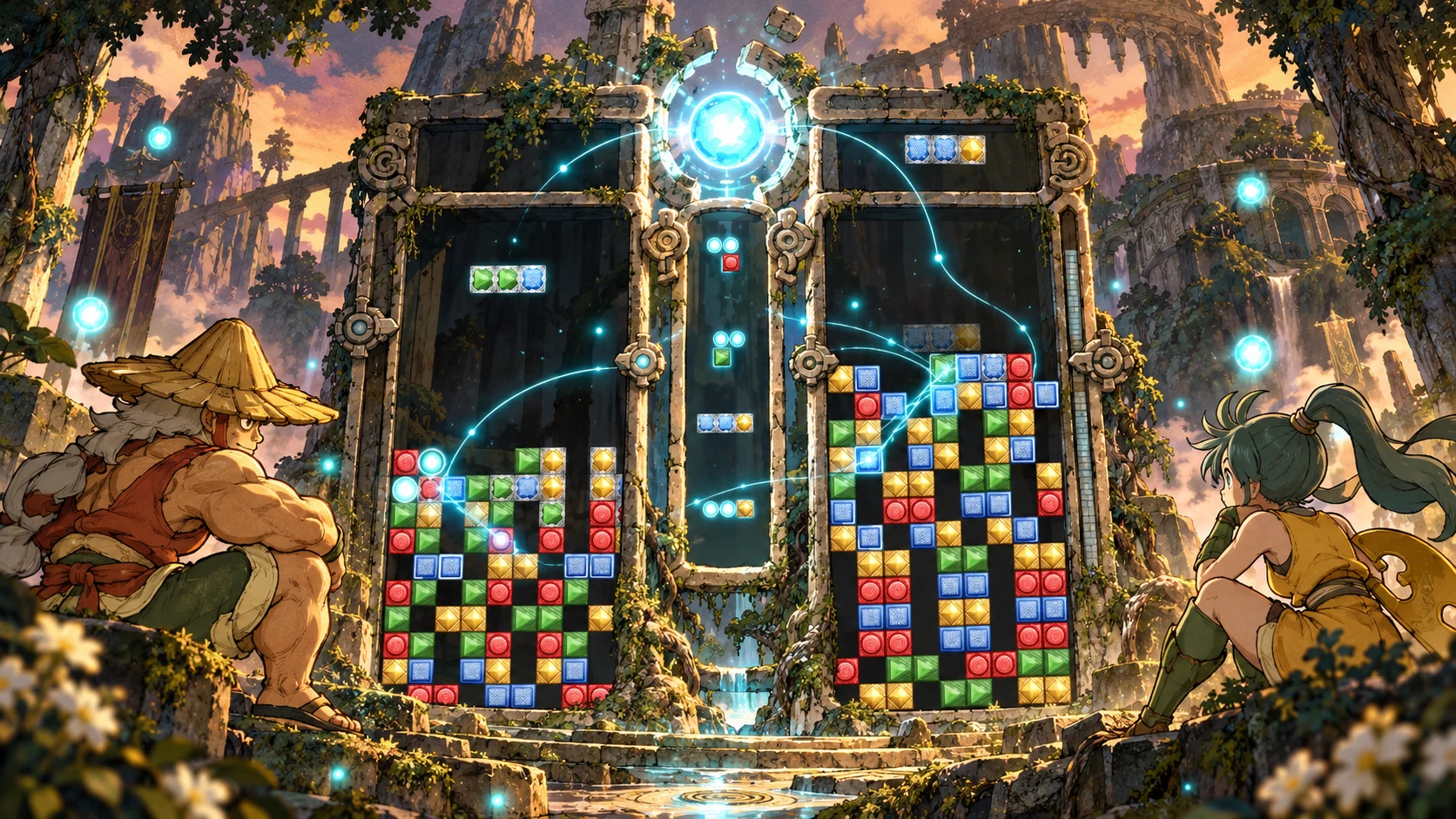 Pone and Tsubaki watch Spaera's twin puzzle boards awaken as cyan orbs trace new paths through familiar colored blocks.